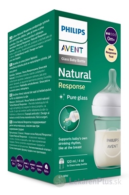 AVENT FĽAŠA Natural Response 120 ml sklenená, cumlík pre podporu rytmu pitia (0m+) 1x1 ks