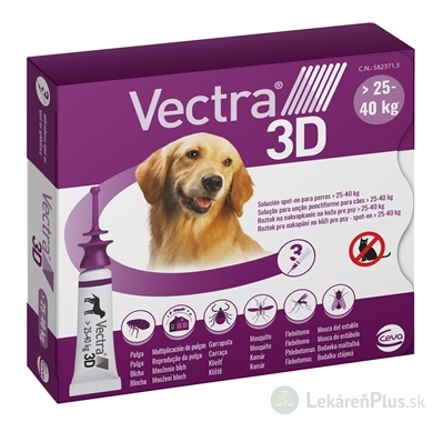 VECTRA 3D spot-on psy L (25–40 kg) roztok na kožu (aplikátor-purpurový) 3x4,7 ml