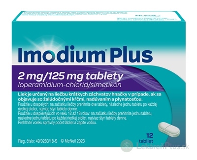 Imodium Plus tbl 2 mg/125 mg (blis.polychlórtrifluóretylén/PVC/Al/PET/papier) 1x12 ks