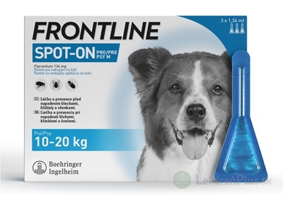 FRONTLINE SPOT-ON PRE PSY M roztok na kožu proti kliešťom, blchám a švolám, v pipete, psy 10-20 kg, 3x1,34 ml