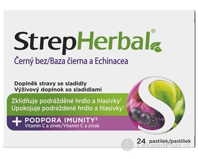 StrepHerbal Baza čierna a Echinacea pastilky s vitamínom C a zinkom 1x24 ks