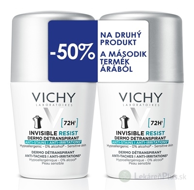 VICHY INVISIBLE RESIST DETRANSPIRANT 72H DUO detranspirant proti zápachu, roll-on (-50% na druhý produkt) 2x50 ml, 1x1 set