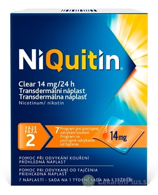 NiQuitin CLEAR 14 mg/24 h emp tdm (vre.PET/LDPE/Al/adhez.vrstva/EVOH) 1x7 ks