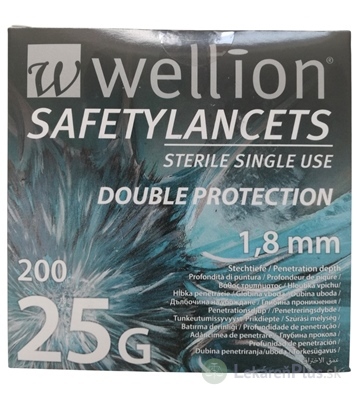 Wellion SAFETYLANCETS 25G - Lanceta bezpečnostná priemer 1,8 mm, sterilná, jednorazová 1x200 ks