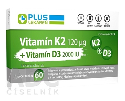 PLUS LEKÁREŇ Vitamín K2 120 μg +Vitamín D3 2000 IU tbl 1x60 ks