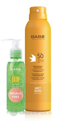 BABÉ SLNKO Opaľovací sprej + Aloe vera gél (Transparent Sunscreen) transparentný, s ochranným faktorom SPF 50 200 ml+darček:gél 90 ml, 1x1 set