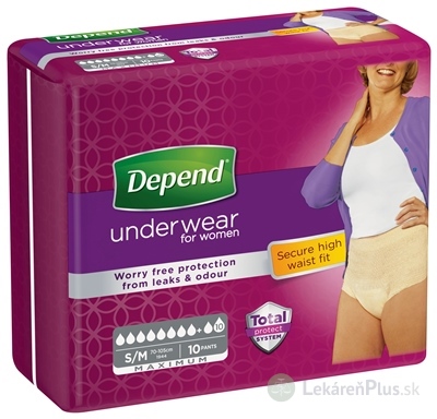 DEPEND MAXIMUM S/M pre ženy naťahovacie nohavičky, obvod bokov 70-105 cm, priedušné, 1x10 ks