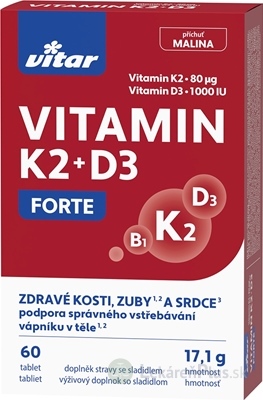 VITAR VITAMIN K2 + D3 FORTE tbl, príchuť malina 1x60 ks