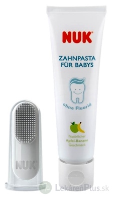 NUK DETSKÁ ZUBNÁ PASTA + NÁPRSTOK bez fluoridu, príchuť jablka a banánu, 40 ml + silikónový náprstok na čistenie, 1x1 set