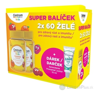 Centrum kids GUMMIES multifruit (darčekové balenie) želé s vitamínmi a minerálmi 2x60 ks + darček: zubná pasta (inov. 2025), 1x1 set