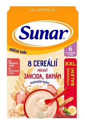 Sunar mliečna KAŠA 8 CEREÁLIÍ príchuť jahoda, banán (od ukonč. 6. mesiaca) XXL balenie 1x340 g