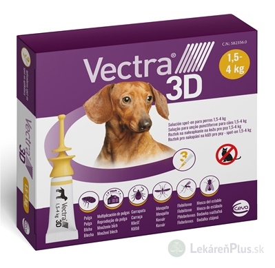 VECTRA 3D spot-on psy XS (1,5–4 kg) roztok na kožu (aplikátor-žltý) 3x0,8 ml