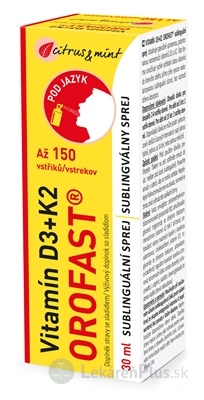 Vitamín D3+K2 Axonia OROFAST sublingválny sprej 150 dávok, príchuť citrus a mäta, 1x30 ml