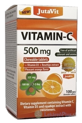 JutaVit Vitamín C 500 mg žuvacie tablety s vitamínom D3 a extraktom zo šípok, so sladidlami, s príchuťou pomaranča 1x100 ks