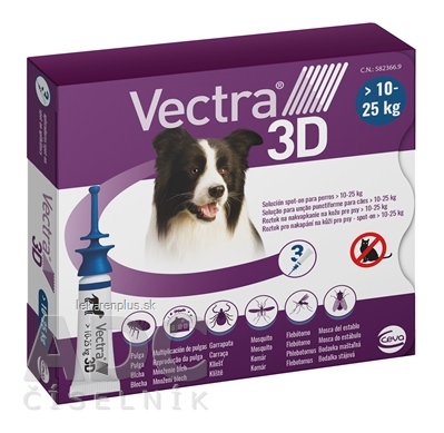 VECTRA 3D spot-on psy M (10–25 kg) roztok na kožu (aplikátor-modrý) 3x3,6 ml