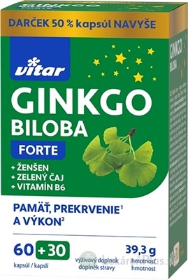 VITAR GINKGO BILOBA FORTE cps + ženšen + zelený čaj + vitamín B6 60+30 ks (50 % navyše) (90 ks)