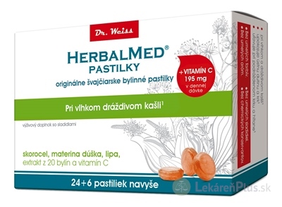 HERBALMED PASTILKY pri kašli - Dr.Weiss (skorocel, mat.dúš, lipa, 20 bylín, vit.C) pastilky (24+6 navyše) 1x30 ks