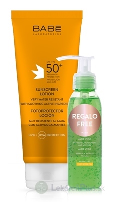 BABÉ SLNKO Mlieko na opaľovanie + Aloe vera gél (Sunscren Lotion) s ochranným faktorom SPF 50+ 200 ml + darček: gél 90 ml, 1x1 set