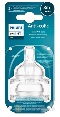 AVENT Cumlík na fľašu Anti-colic 3 3m+, stredný prietok, mäkký silikónový 1x2 ks