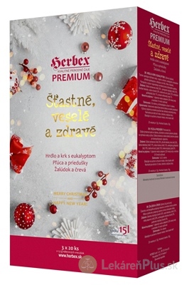 HERBEX Premium Štastné, veselé a zdravé bylinné čaje (Hrdlo s eukalyptom + Pľúca a priedušky + Žalúdok a črevá) vrecúška 3x20 ks