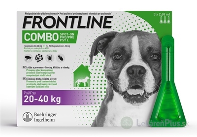 FRONTLINE COMBO SPOT-ON PRE PSY L roztok na kožu proti kliešťom, blchám a švolám, v pipete, psy 20-40 kg, 3x2,68 ml