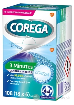 COREGA 3 Minutes DENTURE TABLETS antibakteriálne čistiace tablety 18x6 ks (108 ks)