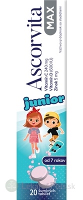 ASCORVITA MAX Junior šumivé tablety pre deti (od 7 rokov), vitamín C, D a zinok, 1x20 ks