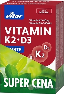 VITAR VITAMIN K2 + D3 FORTE DUOPACK tbl, príchuť malina 2x60 ks (120 ks), 1x1 set