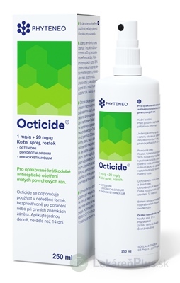 Octicide 1 mg/g + 20 mg/g dermálny roztokový sprej aer deo (fľ.HDPE) 1x250 ml