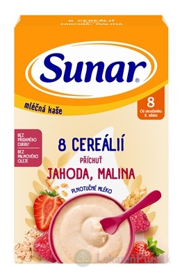 Sunar mliečna KAŠA 8 CEREÁLIÍ príchuť jahoda, malina (od ukonč. 8. mesiaca) 1x210 g