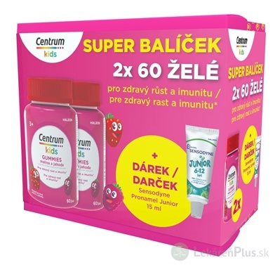 Centrum kids GUMMIES malina a jahoda (darčekové balenie) želé s vitamínmi a minerálmi 2x60 ks + darček: zubná pasta (inov. 2025), 1x1 set