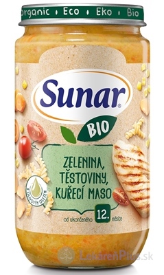 Sunar BIO príkrm ZELENINA, CESTOVINY, KURACIE MÄSO s olivovým olejom (od ukonč. 12. mesiaca) 1x235 g