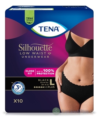 TENA Silhouette Plus Low Waist Black L čierne dámske naťahovacie inkontinenčné nohavičky 1x10 ks
