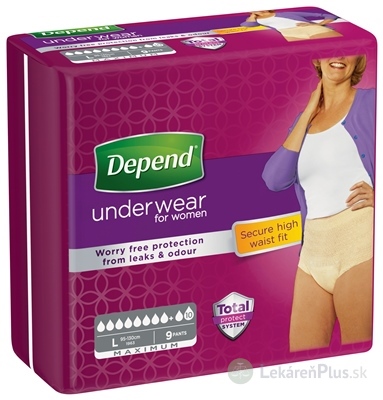 DEPEND MAXIMUM L pre ženy naťahovacie nohavičky, obvod bokov 95-130 cm, priedušné, 1x9 ks
