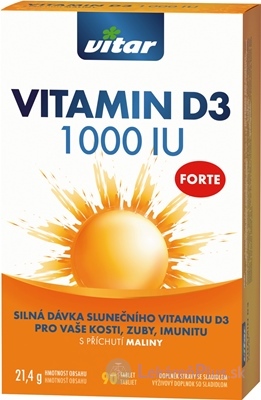 VITAR VITAMIN D3 FORTE 1 000 IU tbl s príchuťou maliny 1x90 ks