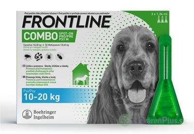 FRONTLINE COMBO SPOT-ON PRE PSY M roztok na kožu proti kliešťom, blchám a švolám, v pipete, psy 10-20 kg, 3x1,34 ml