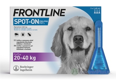 FRONTLINE SPOT-ON PRE PSY L roztok na kožu proti kliešťom, blchám a švolám, v pipete, psy 20-40 kg, 3x2,68 ml