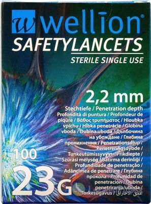 Wellion SAFETYLANCETS 23G - Lanceta bezpečnostná hĺbka vpichu 2,2 mm, sterilná, jednorazová 1x100 ks