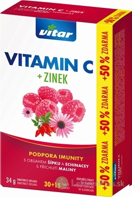 VITAR VITAMÍN C + ZINOK, ECHINACEA A ŠÍPKA tbl oro 30+15 (+50 % zdarma), príchuť malina (45 ks)