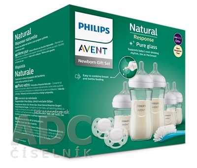 AVENT Novorodenecká SADA Natural Response sklenená fľaša 5x (3x 120 ml, 0m+; 2x 240 ml, 1m+) 2x cumlík,1x kefka na fľašu, 1x1 set
