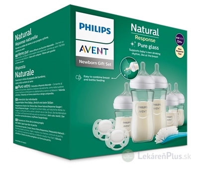 AVENT Novorodenecká SADA Natural Response sklenená fľaša 5x (3x 120 ml, 0m+; 2x 240 ml, 1m+) 2x cumlík,1x kefka na fľašu, 1x1 set