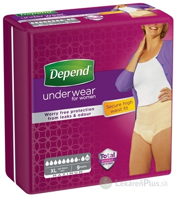 DEPEND MAXIMUM XL pre ženy naťahovacie nohavičky, obvod bokov 120-150 cm, priedušné, 1x9 ks