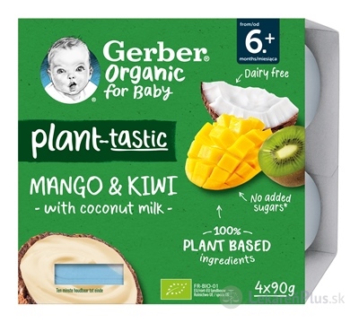 Gerber Organic Rastlinný dezert Mango a kiwi s kokosovým mliekom (od ukonč. 6. mesiaca) 4x90 g