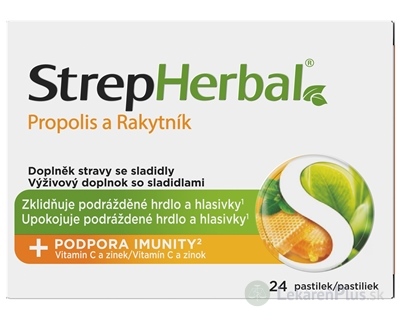 StrepHerbal Propolis a Rakytník pastilky s vitamínom C a zinkom 1x24 ks