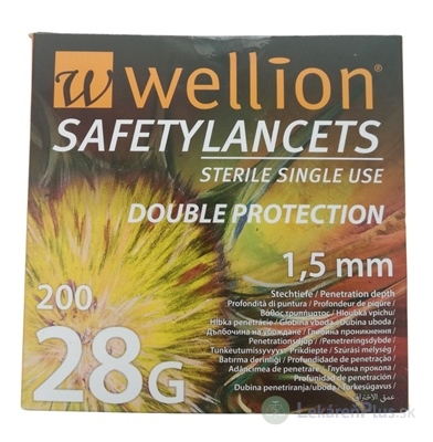 Wellion SAFETYLANCETS 28G - Lanceta bezpečnostná hĺbka vpichu 1,5 mm, sterilná, jednorazová 1x200 ks