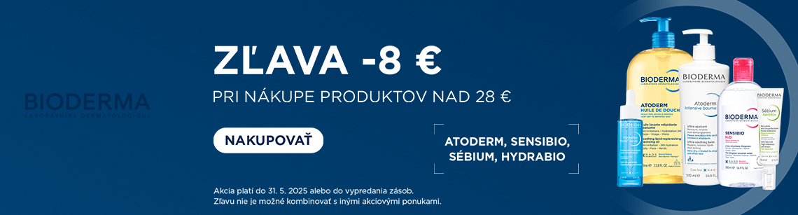 ZĽAVA -8€ pri nákupe produktov Atoderm, Sensibio a Sébium nad 28€ na mesiac 5/25: